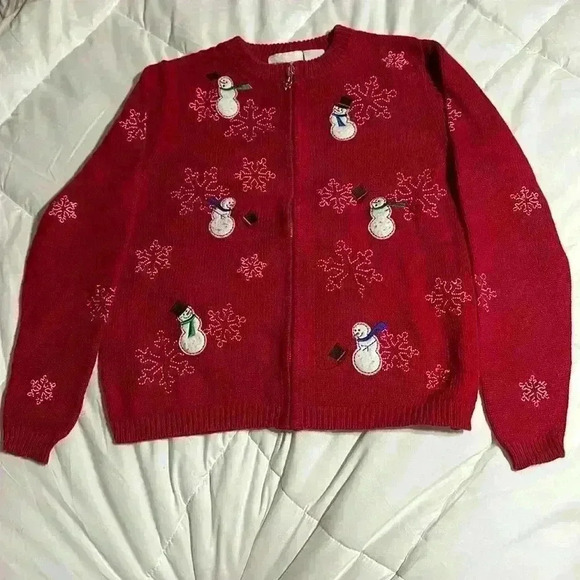 Red Snowman Snowflake Applique Embroidered Womens Zip up Knit Cardigan Small - Picture 1 of 7